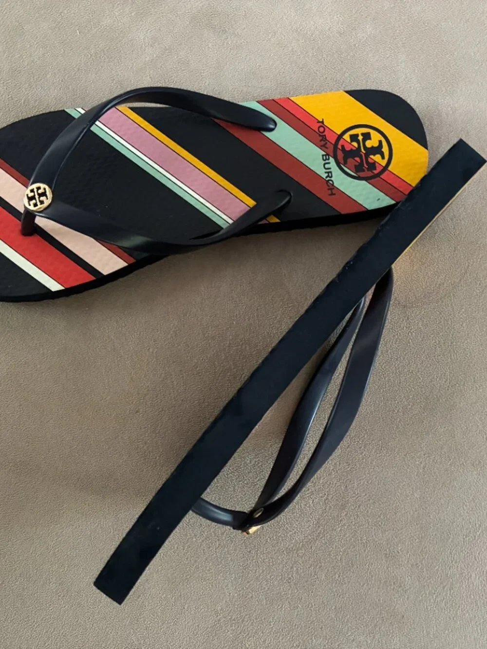 Tory Burch Women's US 9 Striped Logo Flip Flop Sandals Multicolor Navy EVA